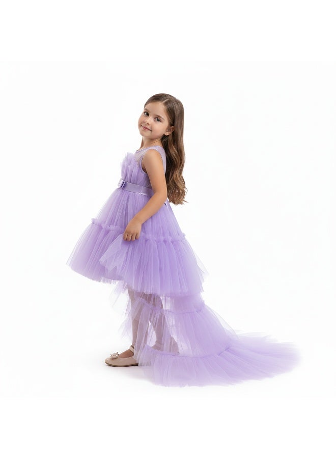 D'Daniela Toddler Girls Bow Front Ruffle Hem Mesh Gown Dress with long tail - Purple - Image 2